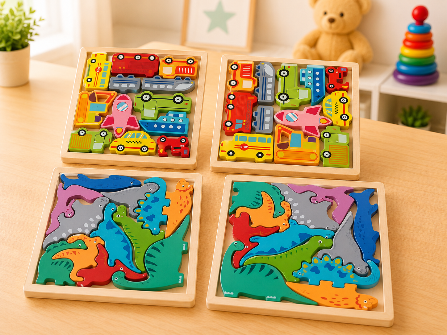 Juego Didáctico Encastrables Madera Dinosaurios/ Autos 12 Piezas