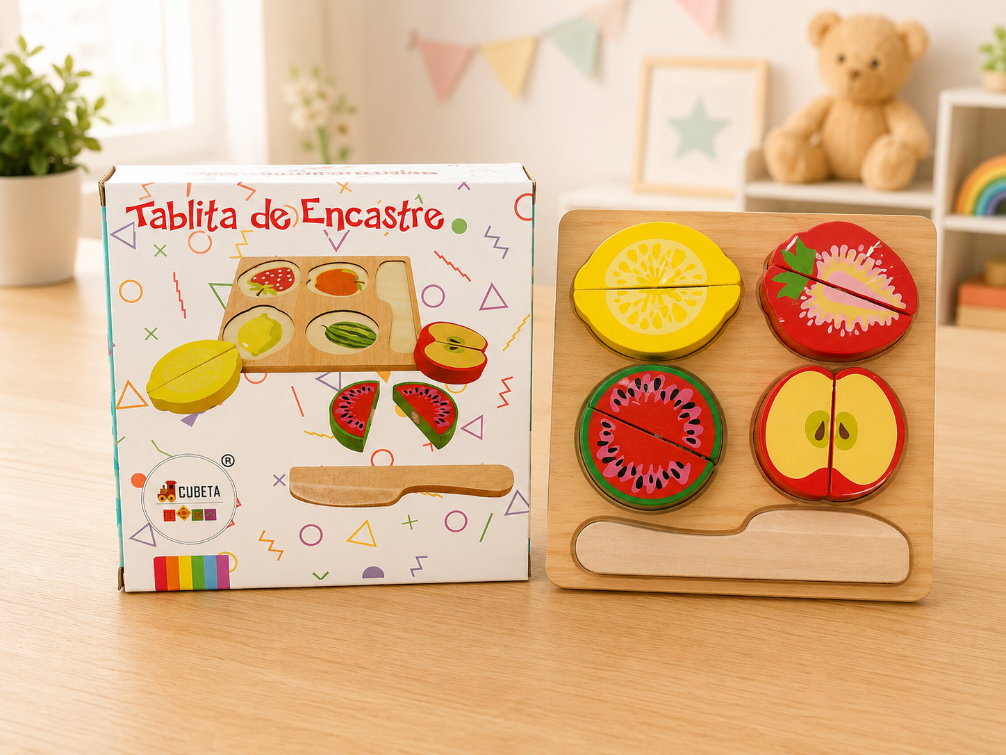 Juego Para Cortar Frutas Madera Grande Didáctico Con Abrojo Color
